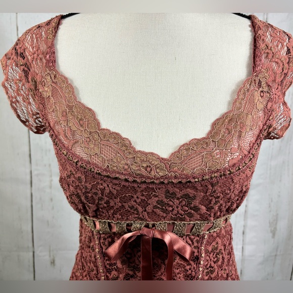 Vintage Ann Ferriday Top Floral Mixed Lace Tie Front Victorian Style Brick Red - Picture 4 of 6